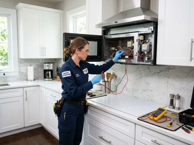 Appliance Repair Hero technician testing an over-the-range microwave in a Boxborough, MA kitchen